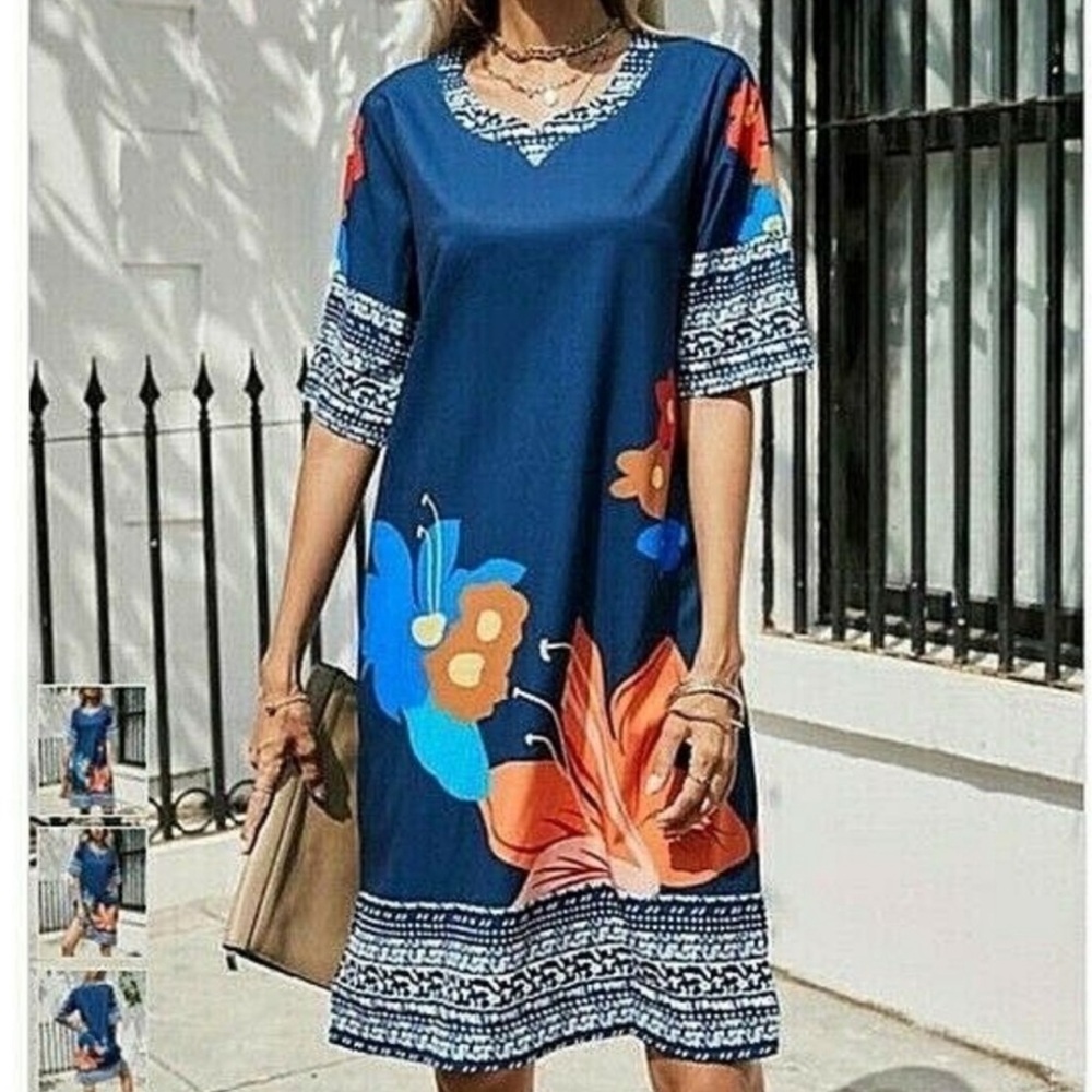 Soft Surroundings Blue Floral Chiffon Dress Size Medium Petite